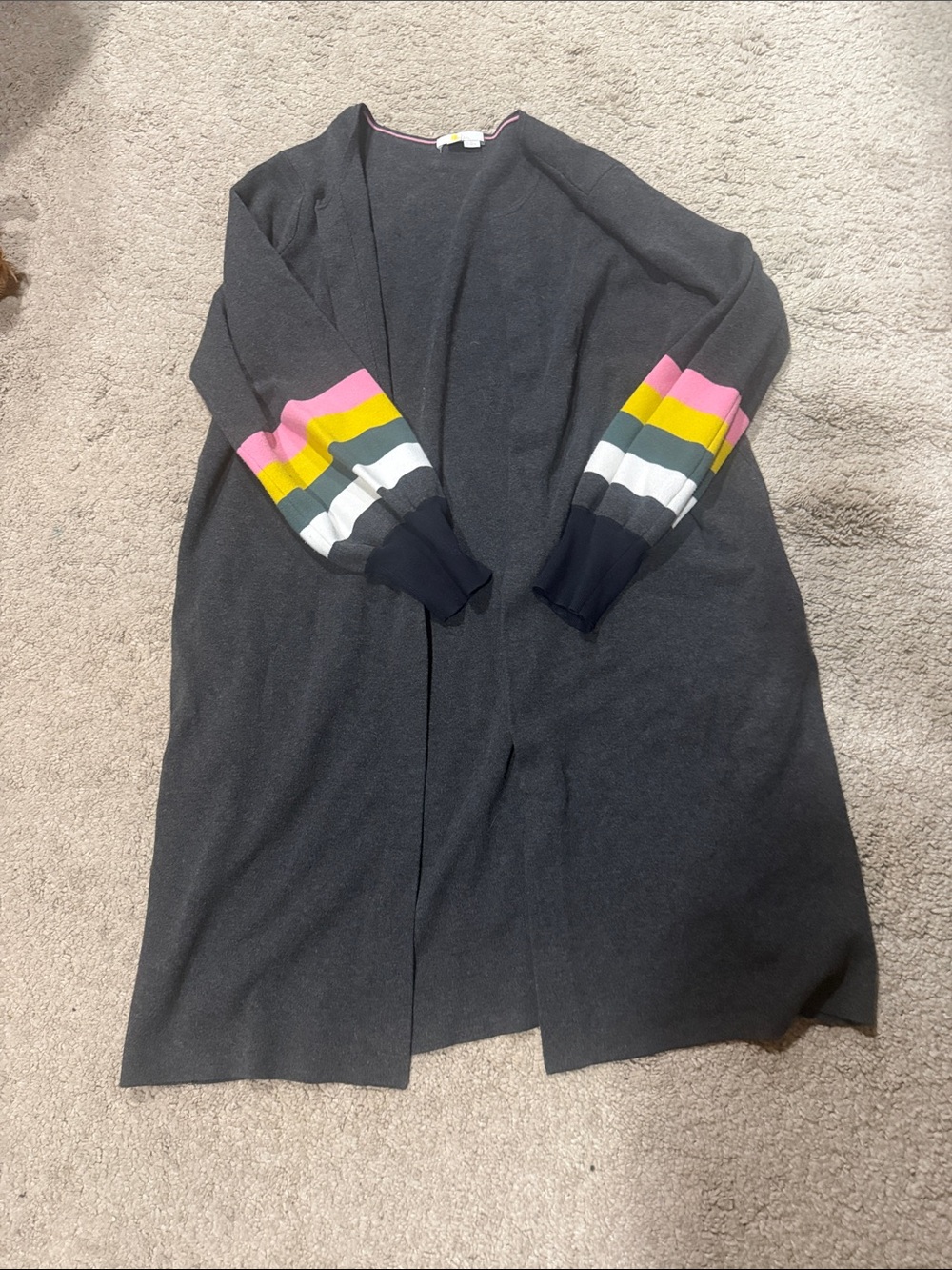 Boden Dark Gray Open Cardigan with Pink, Yellow & White Sleeve Stripes